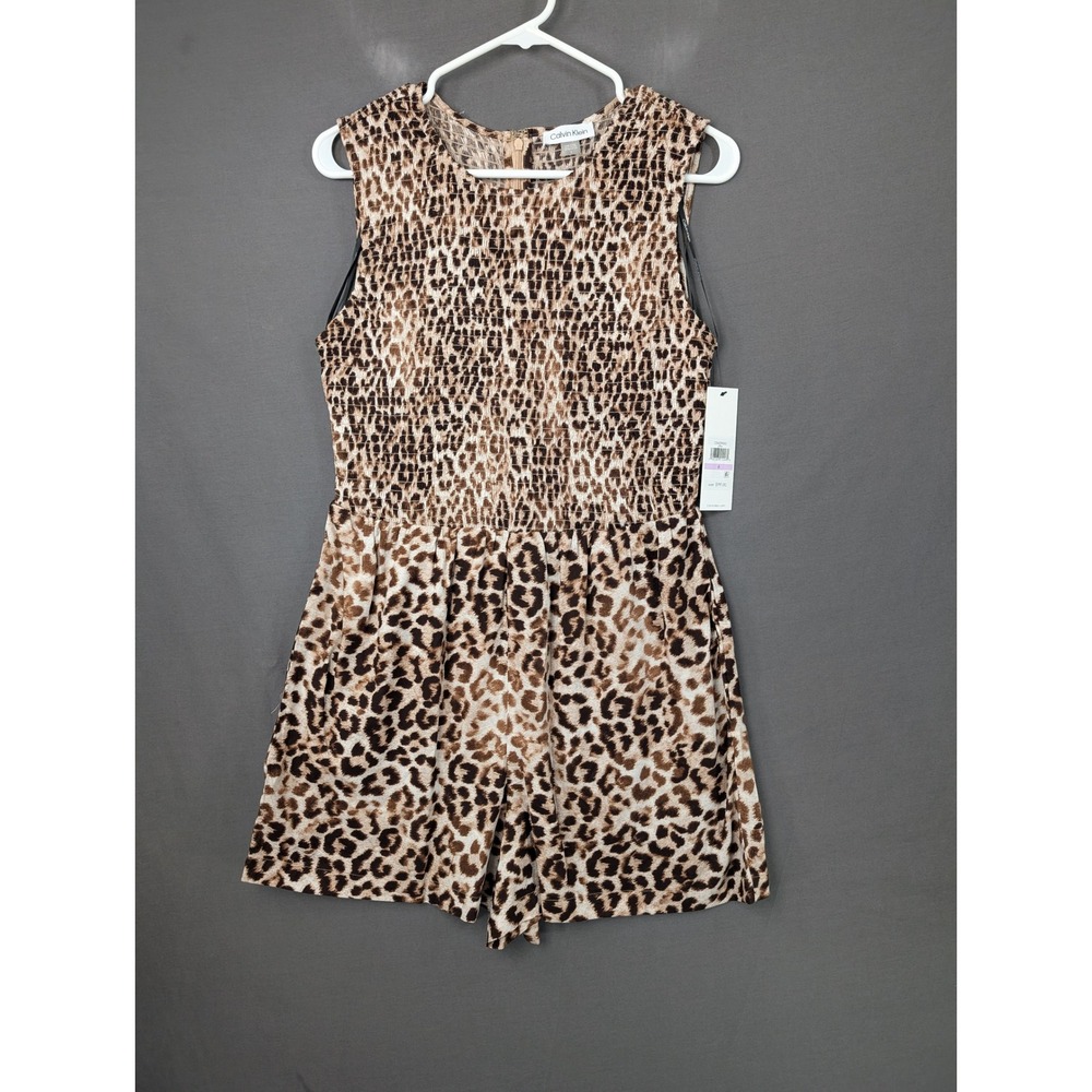 Calvin Klein Womens Leopard Print Smocked Waist Sleeveless Romper M2RK7795